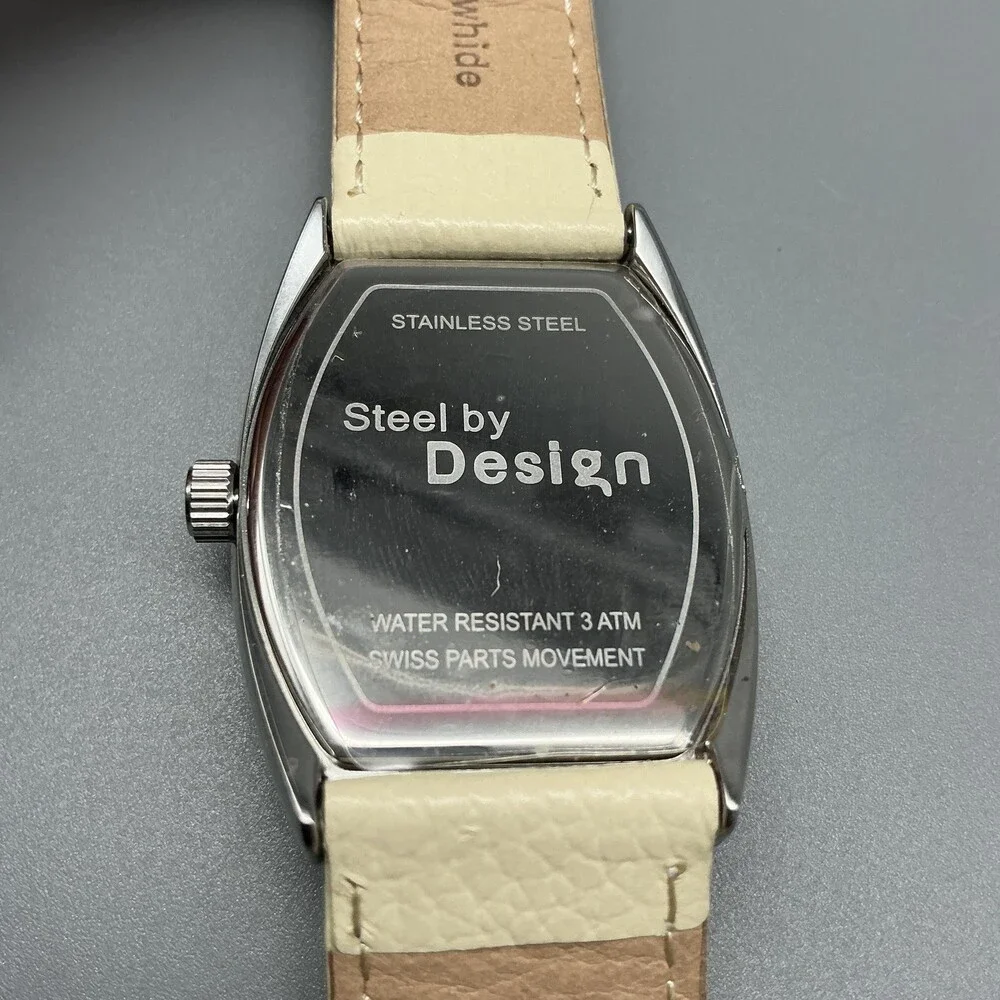 Steel By Design Womens Watch 32mm Cream Dial Silver Tone Leather New Battery